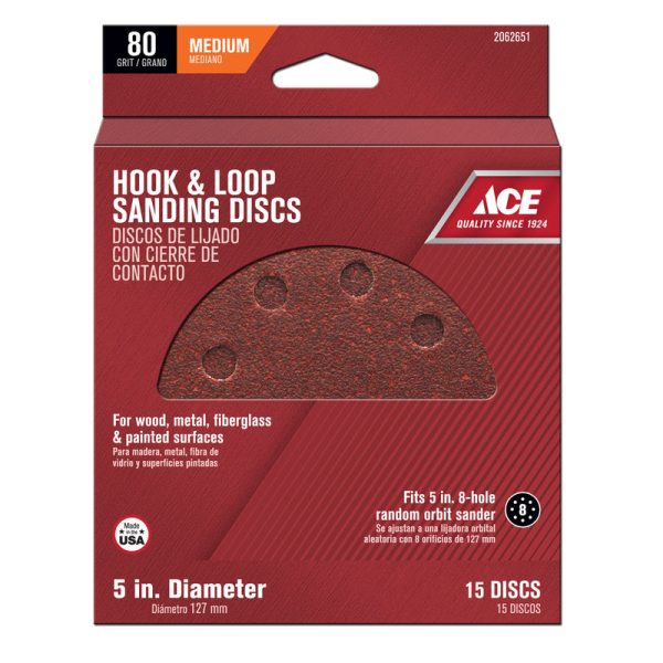 Ace 5 in. Aluminum Oxide Hook and Loop Sanding Disc 80 Grit Medium 15 pk Online now