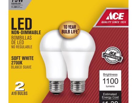 Ace A19 E26 (Medium) LED Bulb Soft White 75 Watt Equivalence 2 pk Online Sale