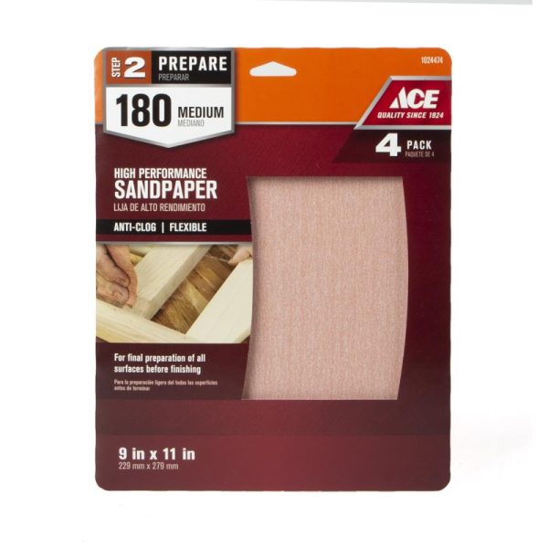 Ace 11 in. L X 9 in. W 180 Grit Aluminum Oxide All Purpose Sandpaper 4 pk Supply