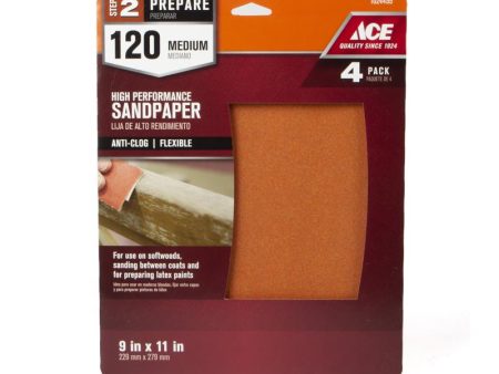 Ace 11 in. L X 9 in. W 120 Grit Aluminum Oxide All Purpose Sandpaper 4 pk Supply