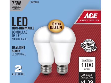 Ace A19 E26 (Medium) LED Bulb Daylight 75 Watt Equivalence 2 pk Online Sale