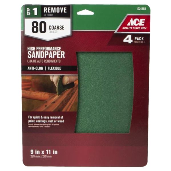 Ace High Performance 11 in. L X 9 in. W 80 Grit Aluminum Oxide All Purpose Sandpaper 4 pk Cheap